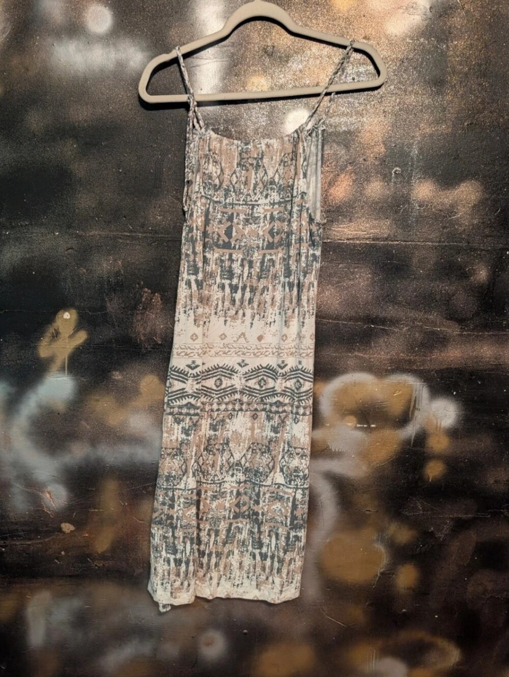 Boho Tribal Print Spaghetti-Strap Maxi Dress in Cream & Teal